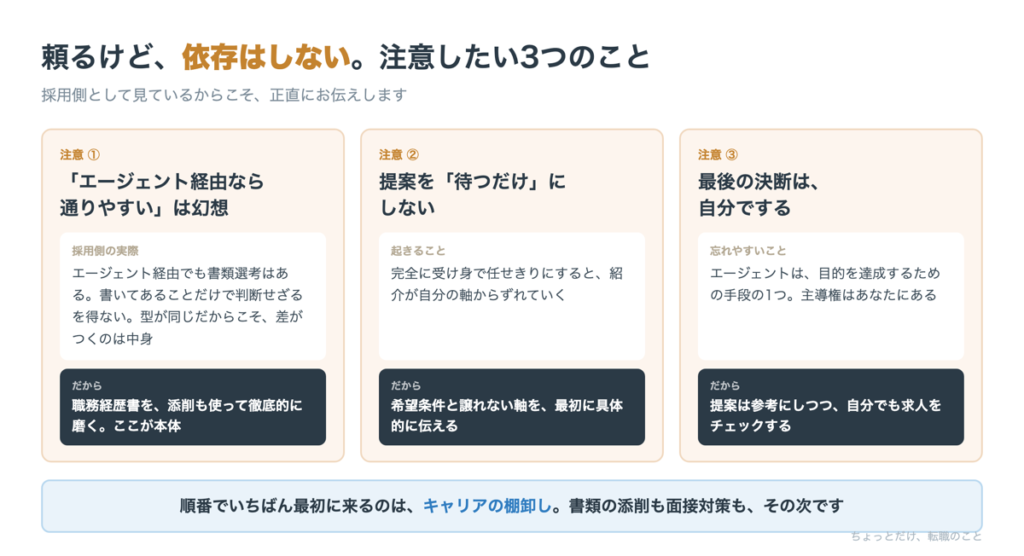 エージェントに依存しすぎないための注意点3つ。書類は自分で磨く、希望条件を最初に伝える、最後の決断は自分でする